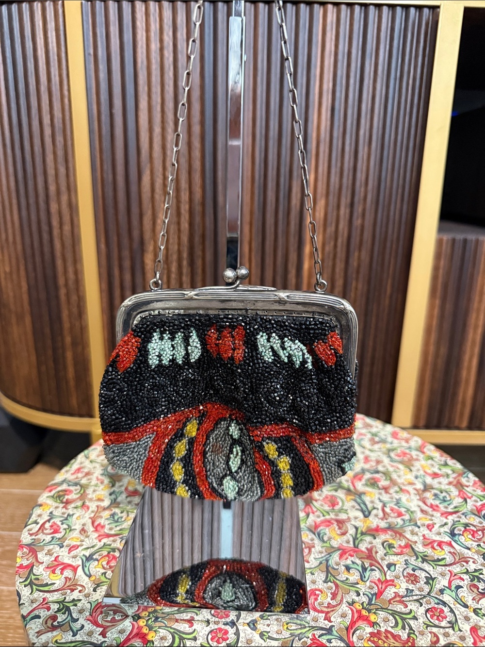 Beaded Black Multicolor Vintage-Style Evening Bag with Real Silver Hardware